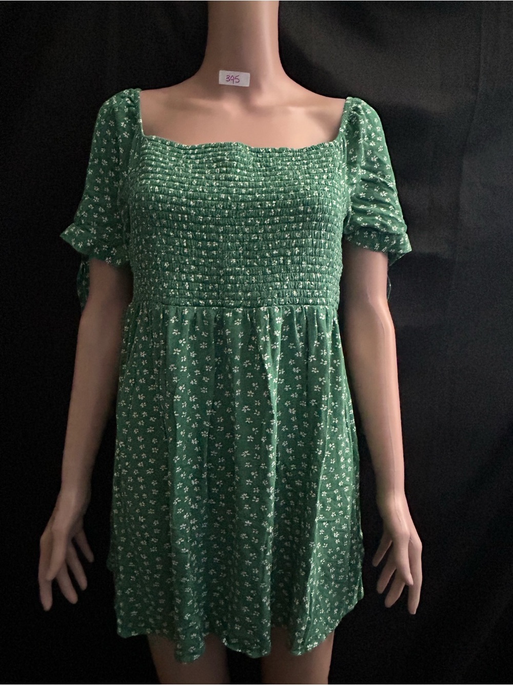 American Eagle Green & White Floral Smocked Square-Neck Mini Dress MD